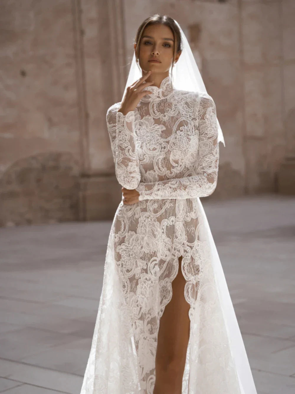 Modest High Collar Long Sleeve Wedding Dress Classic Lace Bridal Gown Elegant A-line Long Bride Robe Vestidos De Novia