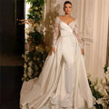 Beautiful A Line Wedding Dresses Gorgeous Satin Deep V-neck Lace Appliques Slimming Beautiful Mopping Beach Bridal Gown Beige 14W