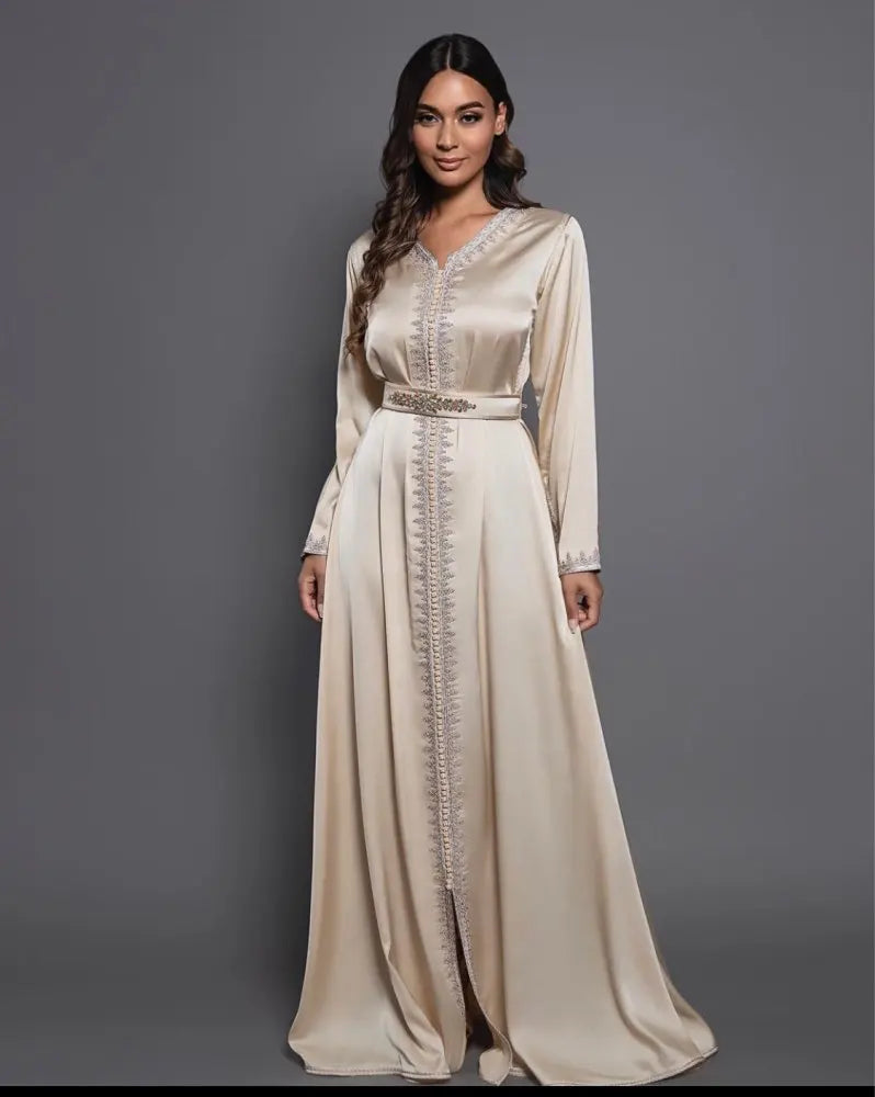 Champagne Moroccan Caftan Evening Gowns A-Line Long Sleeve Formal Occasion Dresses Dubai Prom Dress Plus Size champagne