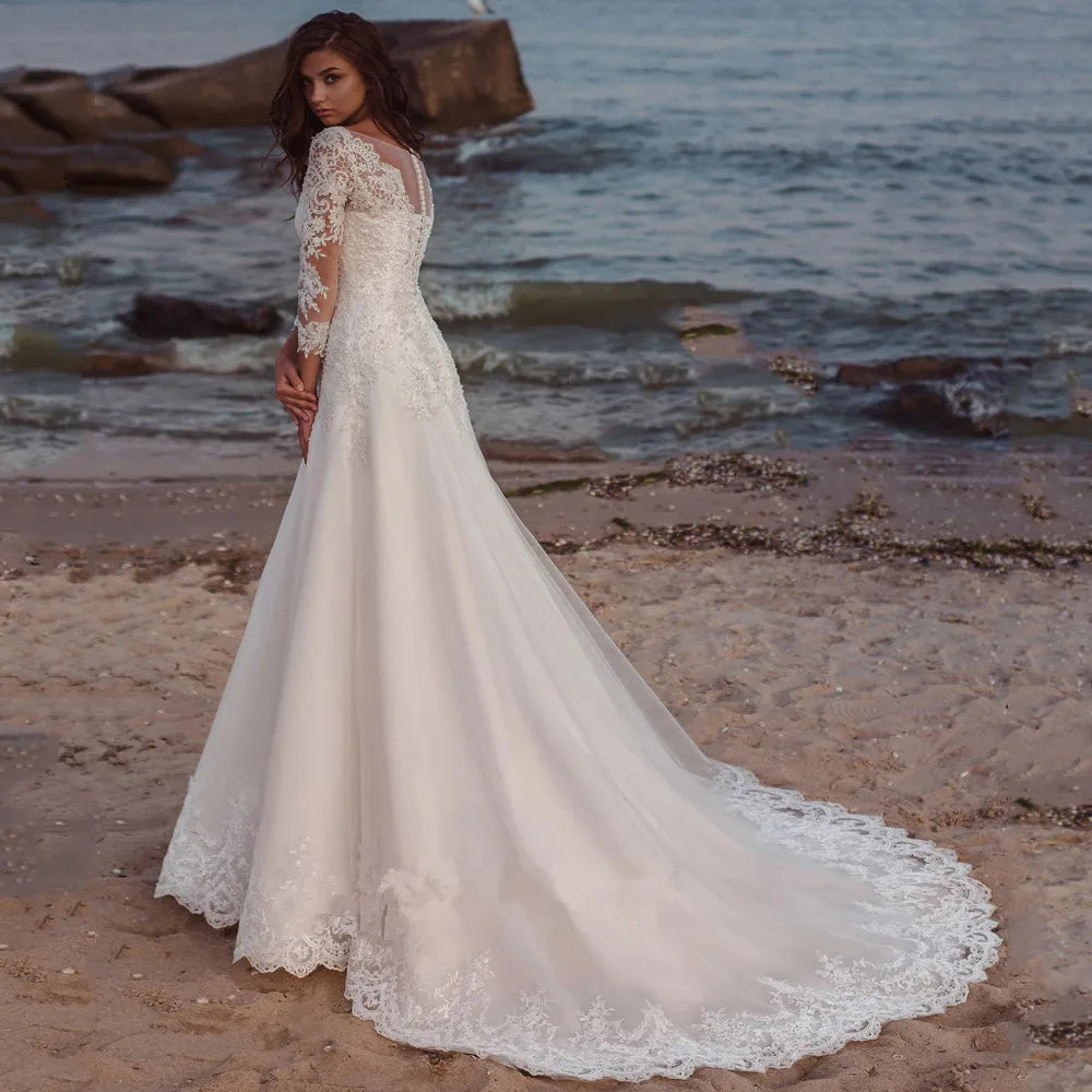 Long Wedding Dress Eleagnt Long Sleeves V Neck Lace Appliques A Line Tulle Sweep Train Bridal For Women Robe De Mariee Summer 22W