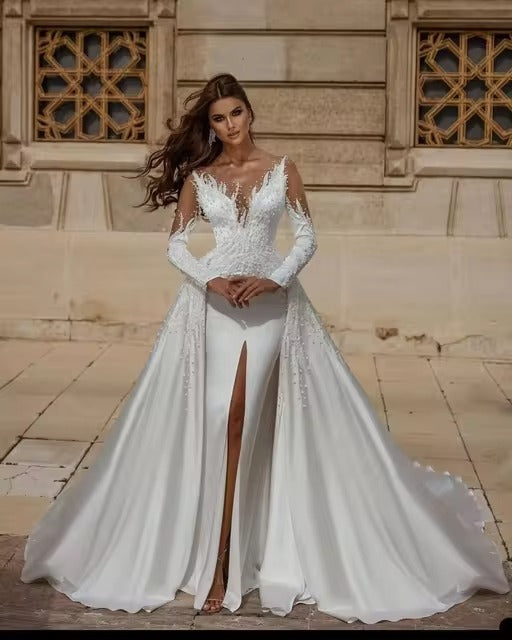 Glamorous Front Split Bridal Gowns Pearls Appliques Wedding Dress Custom Made Sheer Neck Jewel With Overskirts Vestido de novia