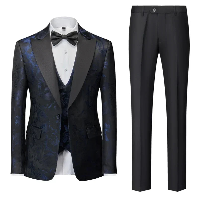 (Jacket Pants Vest) New Men's Casual Business Tuxedo Wedding Flower Dresses Blazers/Men Slim Fit Printed Suit 3 Pcs Set 4XL 5XL Dark Blue