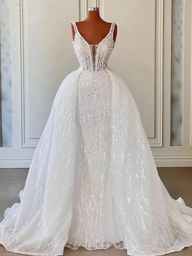 White Mermaid Wedding Dresses For Women Bride Luxury Spaghetti Bridal Dress With Cape Sparkly Engagement Gowns Vestidos De Novia 14W