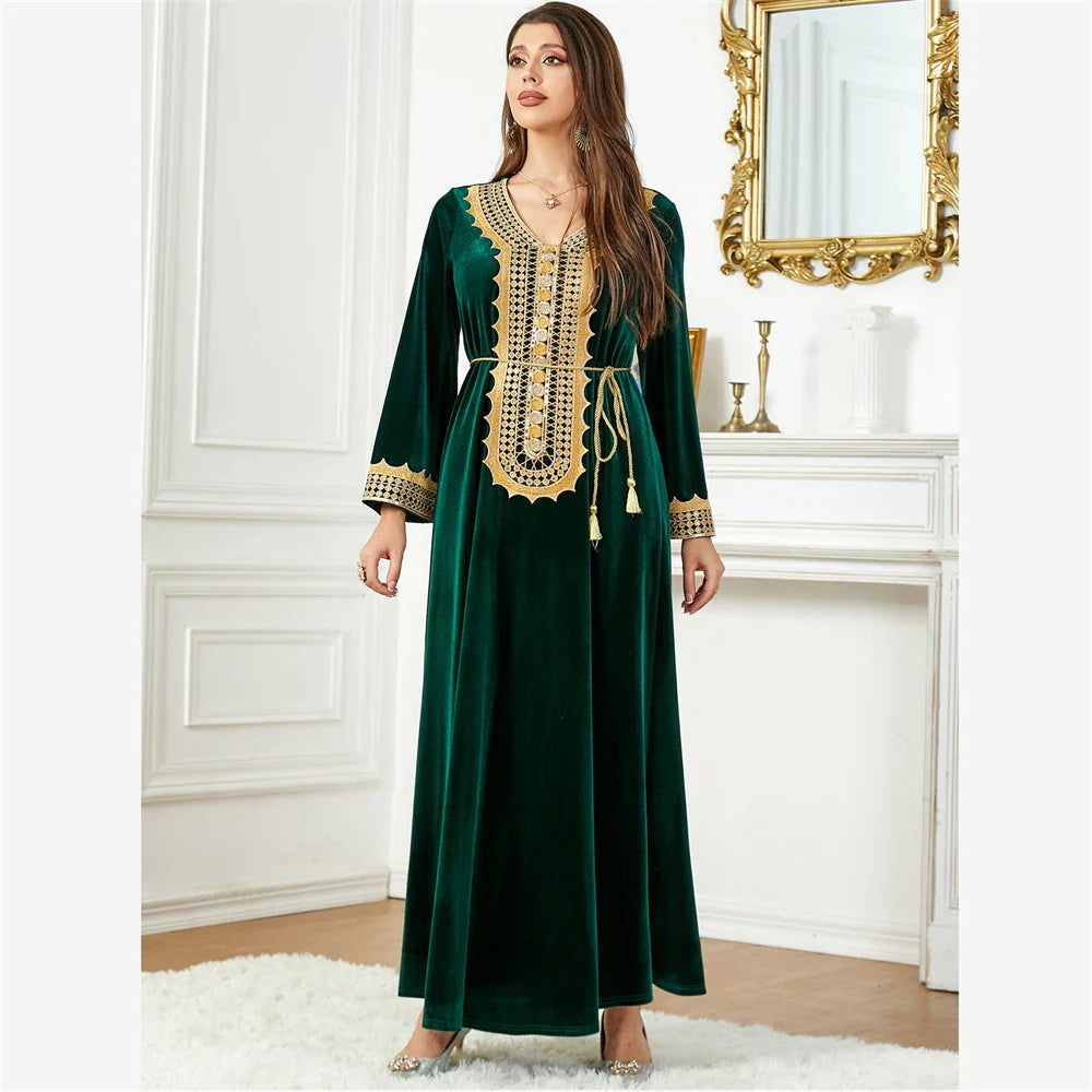 2024 Autumn Winter Velvet Abaya Embroidery for Muslim Women Maxi Dress Turkey Arabic Kaftan Robe Eid Party Dubai Robes Vestidos