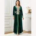 2024 Autumn Winter Velvet Abaya Embroidery for Muslim Women Maxi Dress Turkey Arabic Kaftan Robe Eid Party Dubai Robes Vestidos 002-3 Green