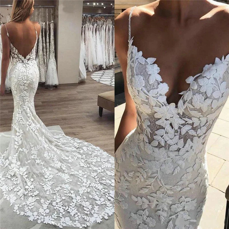 Boho Lace Appliques Wedding Dress Mermaid Bridal Dresses Spaghetti Straps Backless Beach Bridal Gowns Vestido De Noiva Ivory 20W