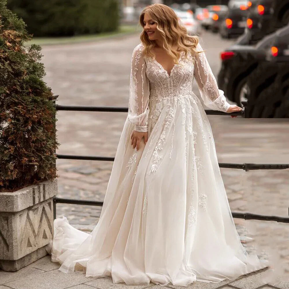 Gorgeous A-line Plus Size Wedding Dresses Tulle Long Sleeve Bridal Gown Sweep Train Oversize Bride Dress Robe de Mariee 14W