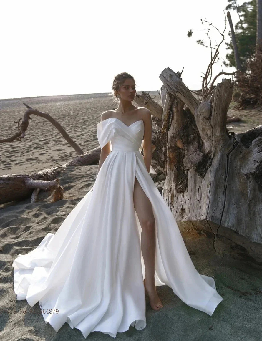 Gorgeous Off The Shoulder V-ncek Organza A Line Wedding Dresses Side Slit Back Bow Vestidos De Novia Custom Made Robe De Elegant Ivory