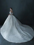 PERFECT Wedding Dress Boat Neck Lace Sequins Applique Crystal Off Shoulder Court Train Ball Gown Princess Bridal Gowns New