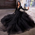 French Black Prom Dresses Gothic Tulle Charming Women Formal Evening Gowns Plunging V Neck Long Sleeves Bow Belt Met Gala