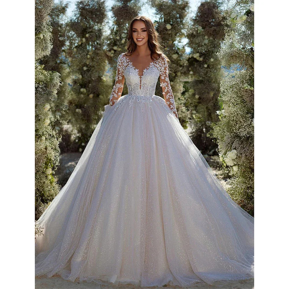 Modern Glitter Tulle Wedding Dresses Long Sleeves V Neck Bridal Gowns For Bride Robe De Mariée Wedding Gown For Women