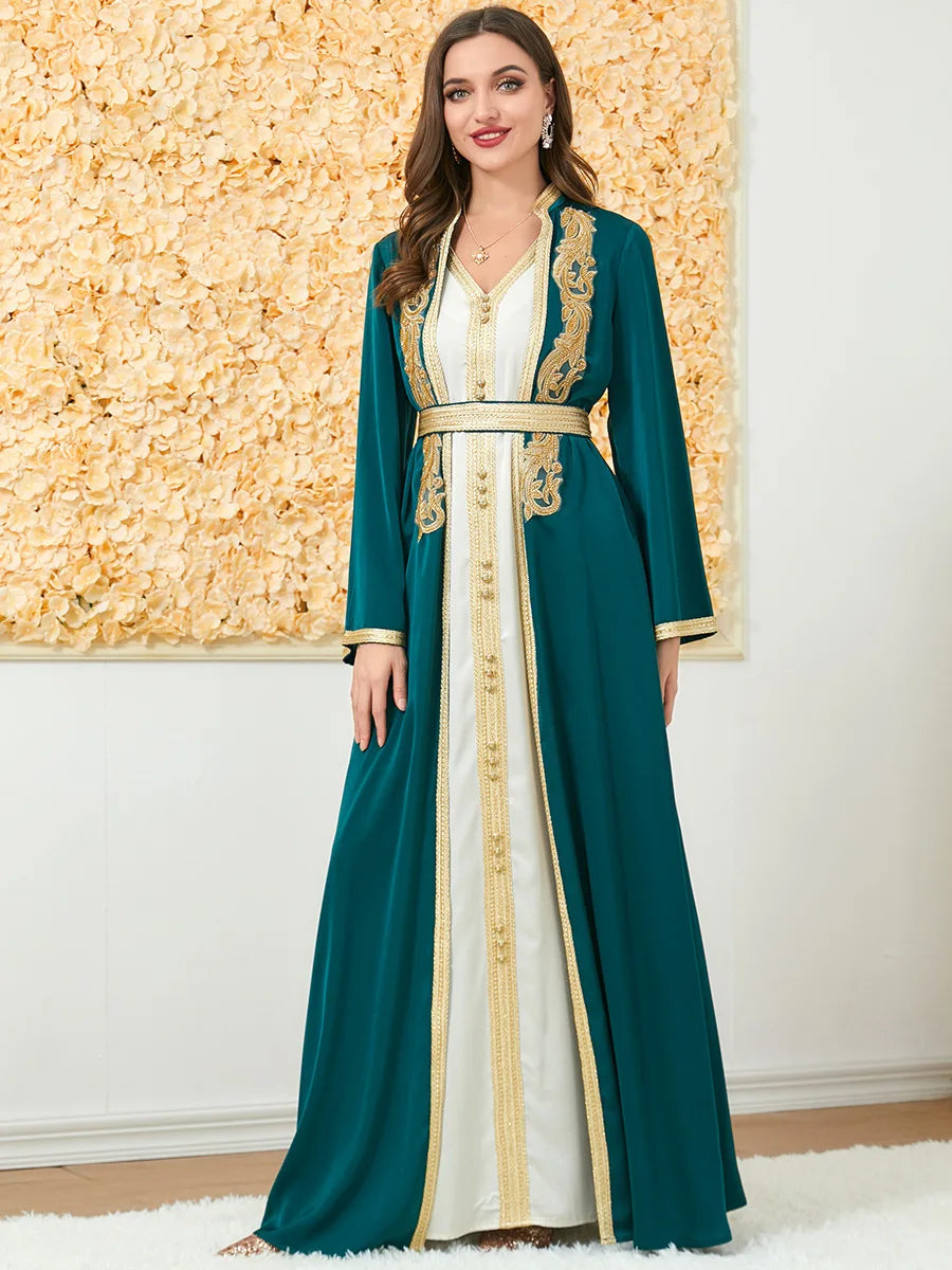 Muslim Fashion Two Piece Jilbab Robe Appliques Winter Abaya And Vest Long Dress Overgarments Islamic Women Moroccan Caftan Green Abaya Set