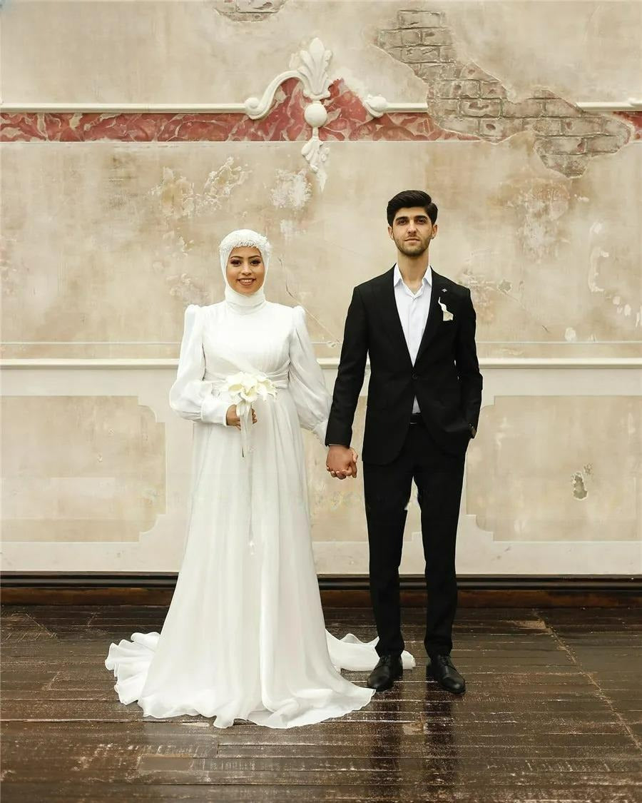 A-Line Hijab Wedding Dress Vintage Off White Chiffon Muslim Wedding Gowns Trouwjurk Long Bridal Dresses with Veils Ivory