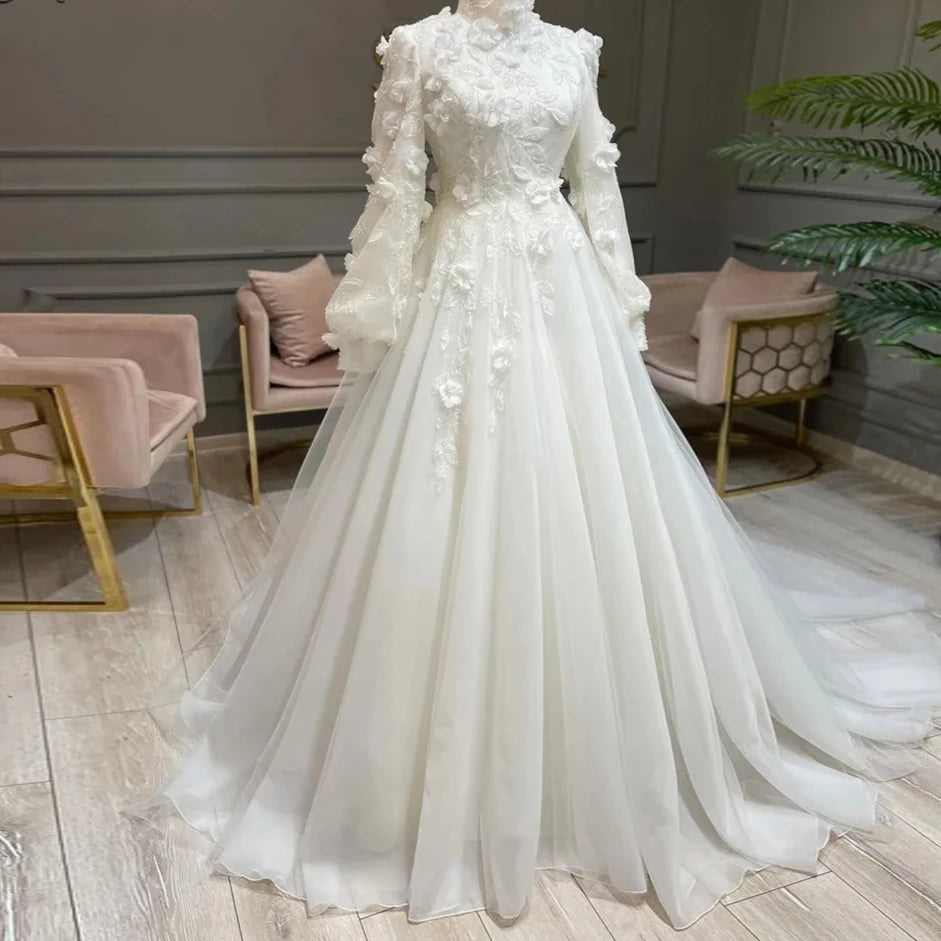 Robe De Mariée Modest High Neck Muslim Bridal Gowns A-Line Long Sleeves Islamic Wedding Dresses Flowers Lace Beaded Ivory