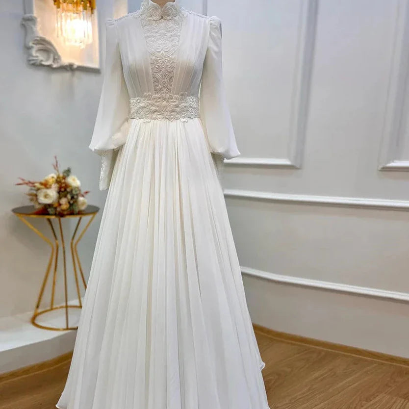 Elegant Dubai Muslim Wedding Dresses for Bride A-Line Chiffon Beaded Lace Long Sleeve Bridal Gowns Arabic Vestidos De Novia WHITE