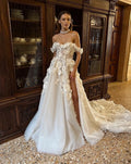 Lace Applique Wedding Dresses A-Line Sexy Mermaid Off The Shoulder Sleeveless High Slit Simple Mopping Bride Gowns Custom Made