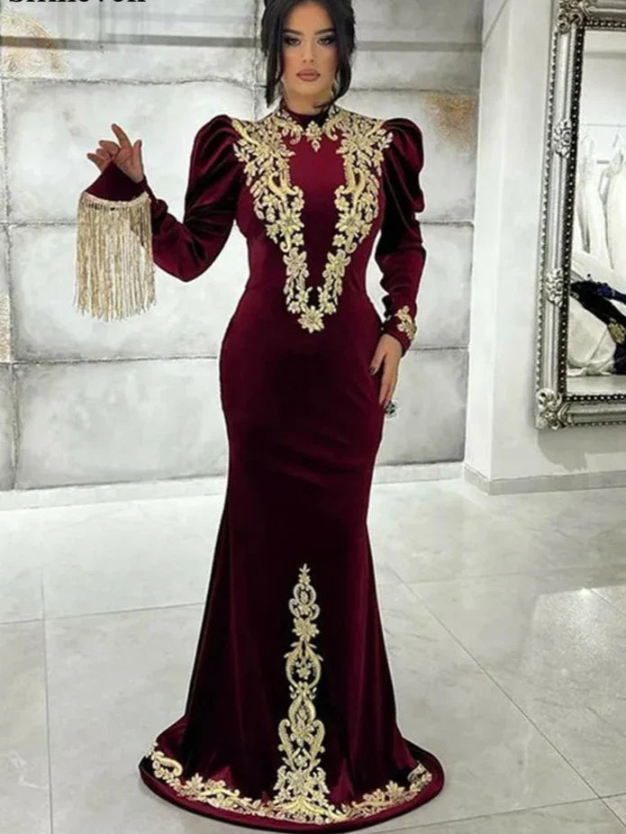 Modest Velour Lace Moroccan caftan Evening Dresses Long Sleeves High Neck Velvet Prom Dresses Women Party Gowns