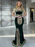 Emerald Green Velvet Mermaid Evening Dresses Kaftan Dubai Women Lace Applique Slit Tassel Luxury Long Prom Dress