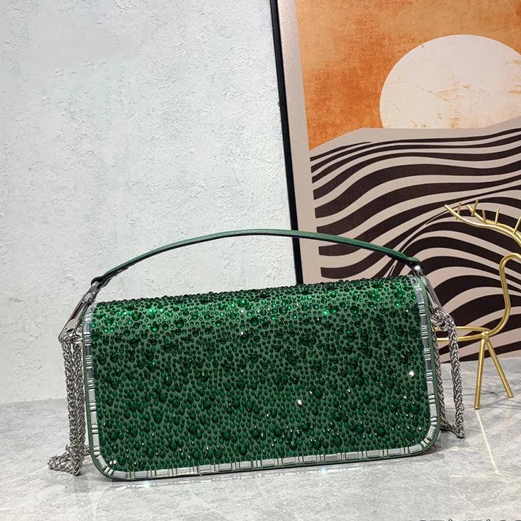 New crystal decorative leather underarm bag high quality clutch dinner bag classic chain shoulder me Green