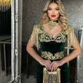 Green Velvet Moroccan Caftan Mermaid Evening Dresses High Neck Gold Embroidery Dubai Saudi Arabic Caftan Prom Gowns 2023