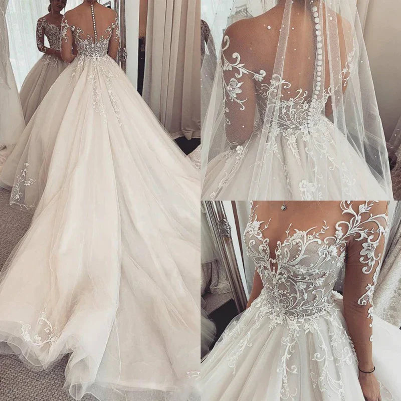 LoveDress Charming Lace Wedding Dress V-Neck Long Sleeves Princess Wedding Gown Illusion Bride Gowns Buttons robe de mariee Picture Color