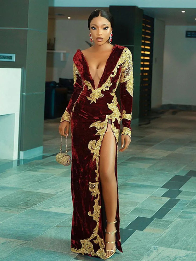 Burgundy Long Sleeve Caftan Evening Dresses Velvet Elegant Karakou Side Split Prom Dresses Lace Evening Party Gowns Burgundy