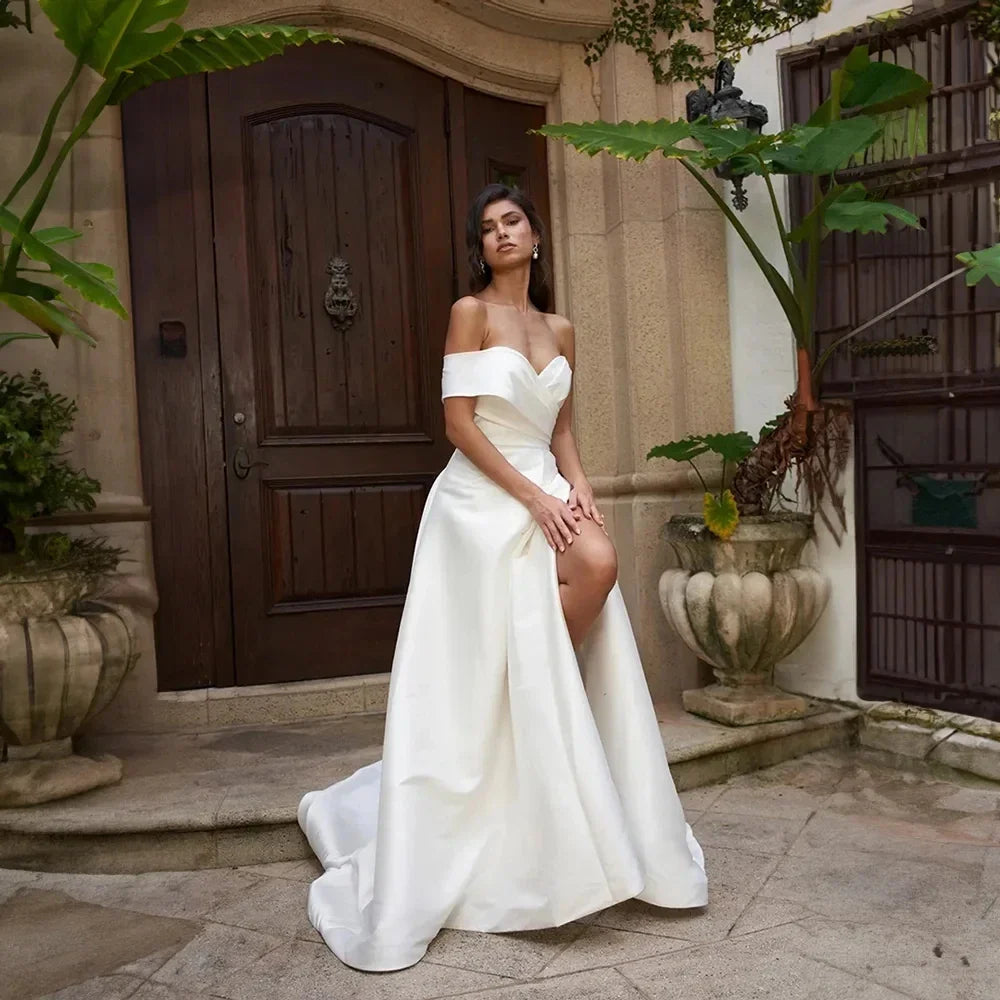 Wedding Dresses For Woman A-line Sweetheart Front Slit Off The Shoulder Court Train Open Back Vestidos De Novia Custom Made Ivory 2