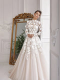 Exquisite Wedding Dresses Elegant Bridal Gowns Lace Appliques High Neck Long Sleeves Robes For Bride A-Line Vestidos De Novia 14W