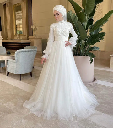 Muslim Wedding Gown for Bride Lace A-Line Arabic Dubai Long Sleeves Hijab Islamic Wedding Dress Veil Robe De Mariage WHITE