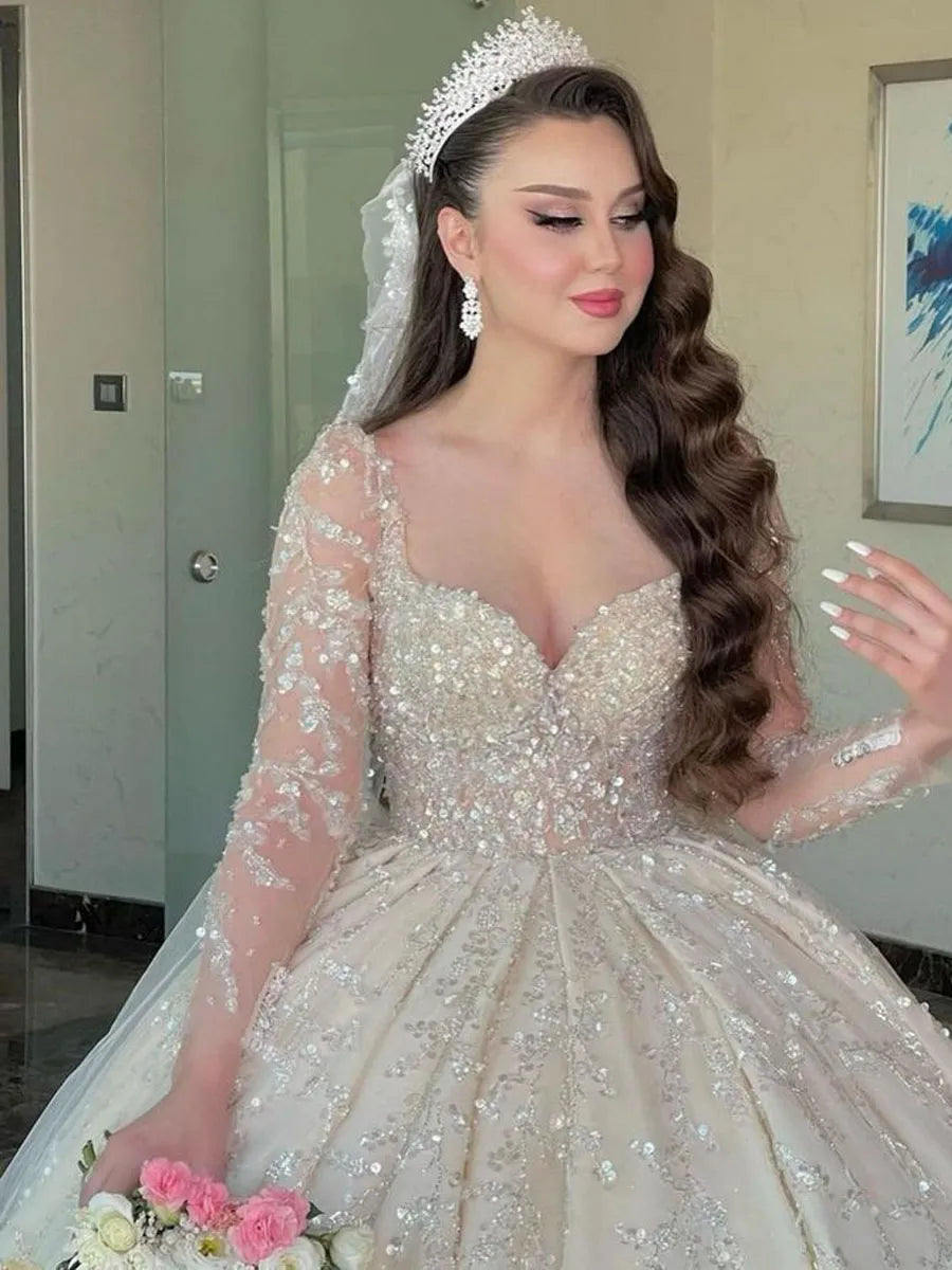 Luxury Long Sleeve Dubai Wedding Dress Ball Gown Plus Size Sequined Beading Illusion Saudi Arabic Bridal Gown Ivory 14W