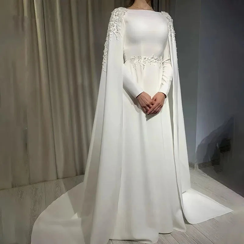 Elegant Arabic Muslim Wedding Dress Cape Long Sleeves A Line O Neck Bride Dress Lace Appliques Sweep Train robe de mariee Ivory