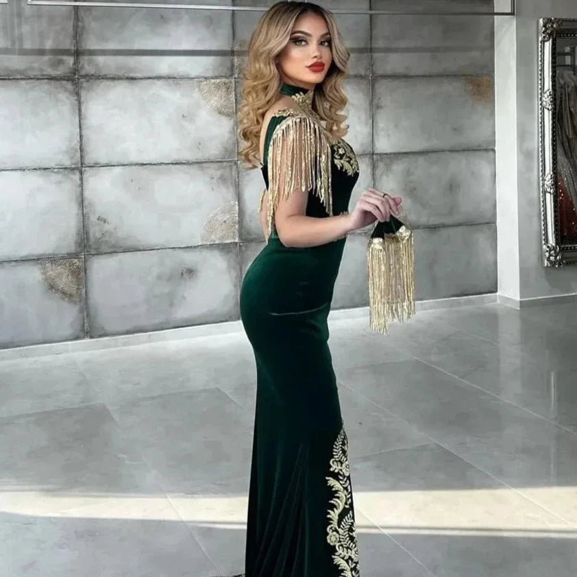 Green Velvet Moroccan Caftan Mermaid Evening Dresses High Neck Gold Embroidery Dubai Saudi Arabic Caftan Prom Gowns 2023