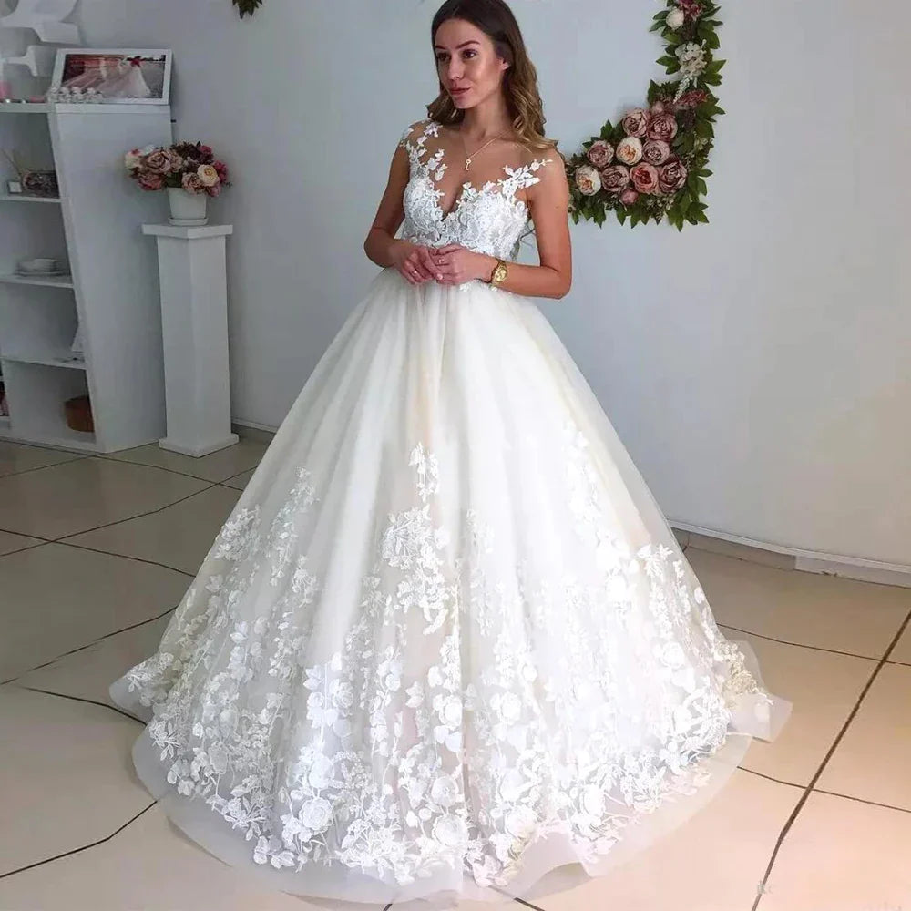 O Neck Ball Gown Wedding Dresses For Women Lace Bodice Sleeveless Court Train Bridal Dresses Vestido De Novia Robe