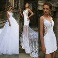 Graceful White Mermaid Wedding Dresses Detachable Train 3 in 1 Lace Applique Sheer Neck Bridal Gown Backless Robe De Mariée Ivory 16W