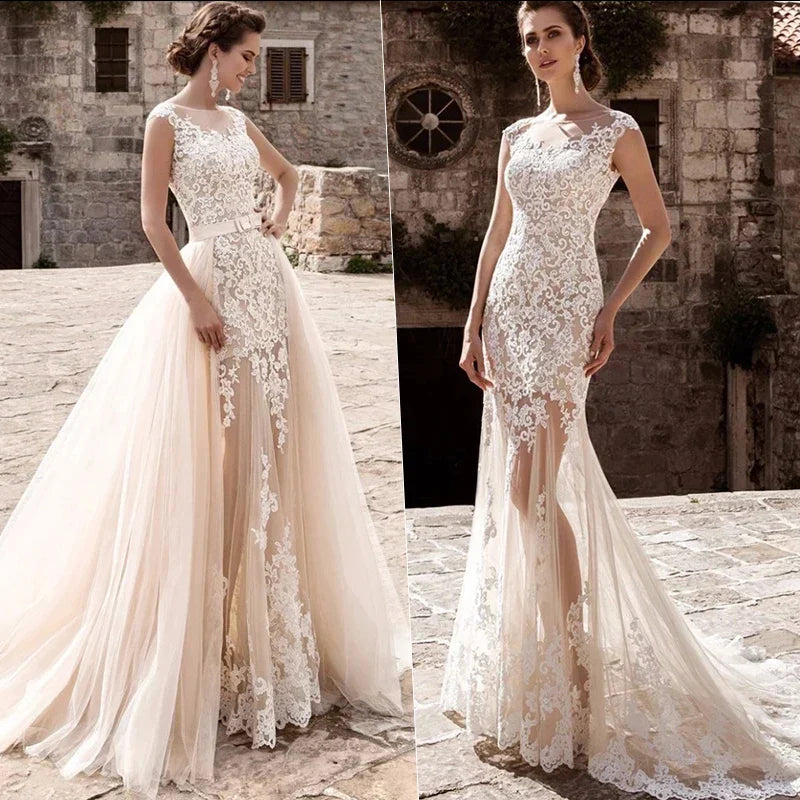 Elegant 2 in 1 Wedding Dress Detachable Train Luxury Lace Appliques Bridal Gown Tulle Button A-Line Mermaid Vestido De Noiva Floor Length