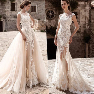 Elegant 2 in 1 Wedding Dress Detachable Train Luxury Lace Appliques Bridal Gown Tulle Button A-Line Mermaid Vestido De Noiva Floor Length