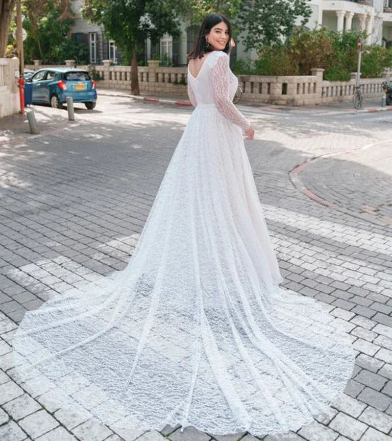 Beach V Neck Long Sleeve Plus Size Wedding Dresses Glitter Sequined High Split Wedding Gown Backless Floor Length Bride Dress