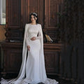 Flavinke Simple Satin Muslim Wedding Dresses O Neck Lace Full Sleeve Long Dresses vestido de novia Custom robe de mariée