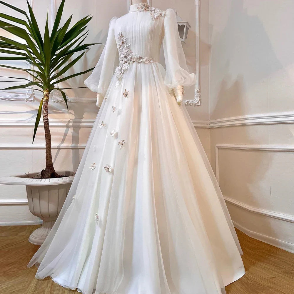 Princess Ivory 3D Flowers Wedding Gown High Neck Long Sleeves Bridal Dresses for Bride A-Line Tulle Abito da Sposa