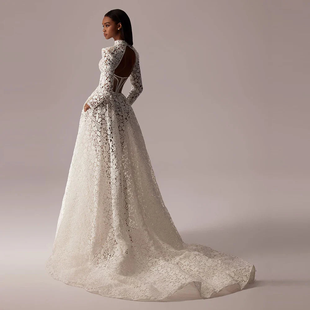 New Exquisite Wedding Dresses Lace High Collar Bridal Gowns Long Sleeves Wedding Gown Back Out Robe de mariée Cut Out 26W