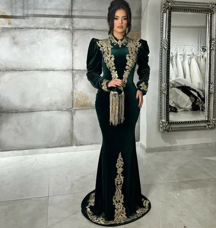 Modest Velour Lace Moroccan caftan Evening Dresses Long Sleeves High Neck Velvet Prom Dresses Women Party Gowns