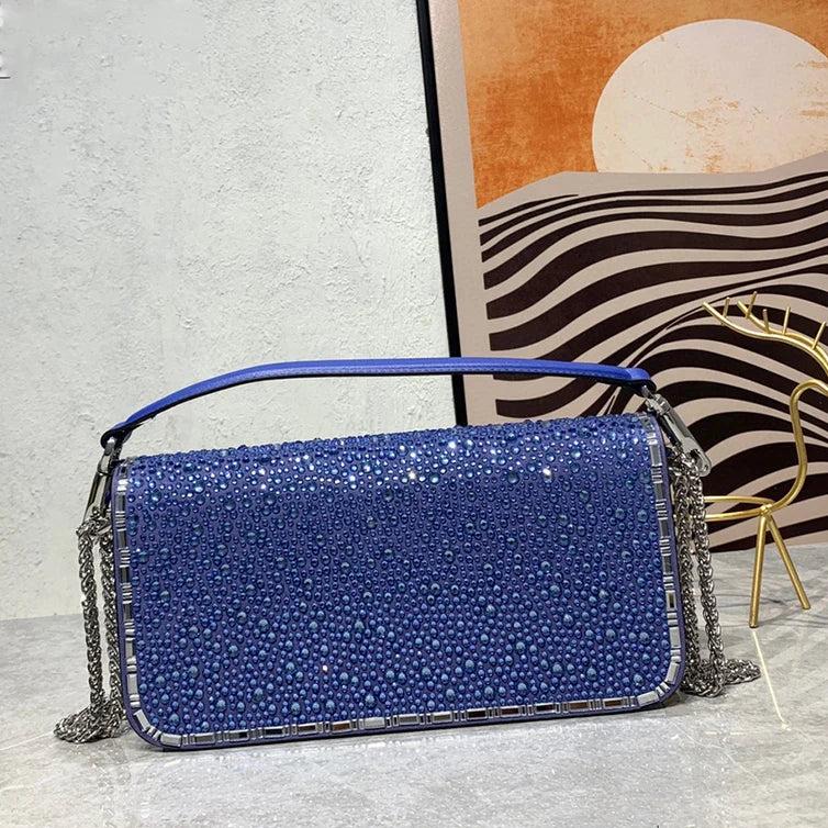 New crystal decorative leather underarm bag high quality clutch dinner bag classic chain shoulder me Blue