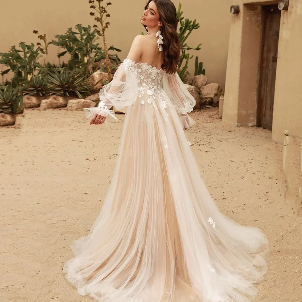 Classic Wedding Dresses A-Line Tulle Bridal Gowns Lace Appliques Off The Shoulder Vintage Robes Puff Sleeves Vestidos De Novia 14W