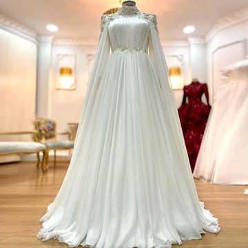 A-Line Elegant Long Sleeve Muslim Bride Dress with Cape Chiffon High Neck Flowers Lace Wedding Gown Robe De Mariée Ivory