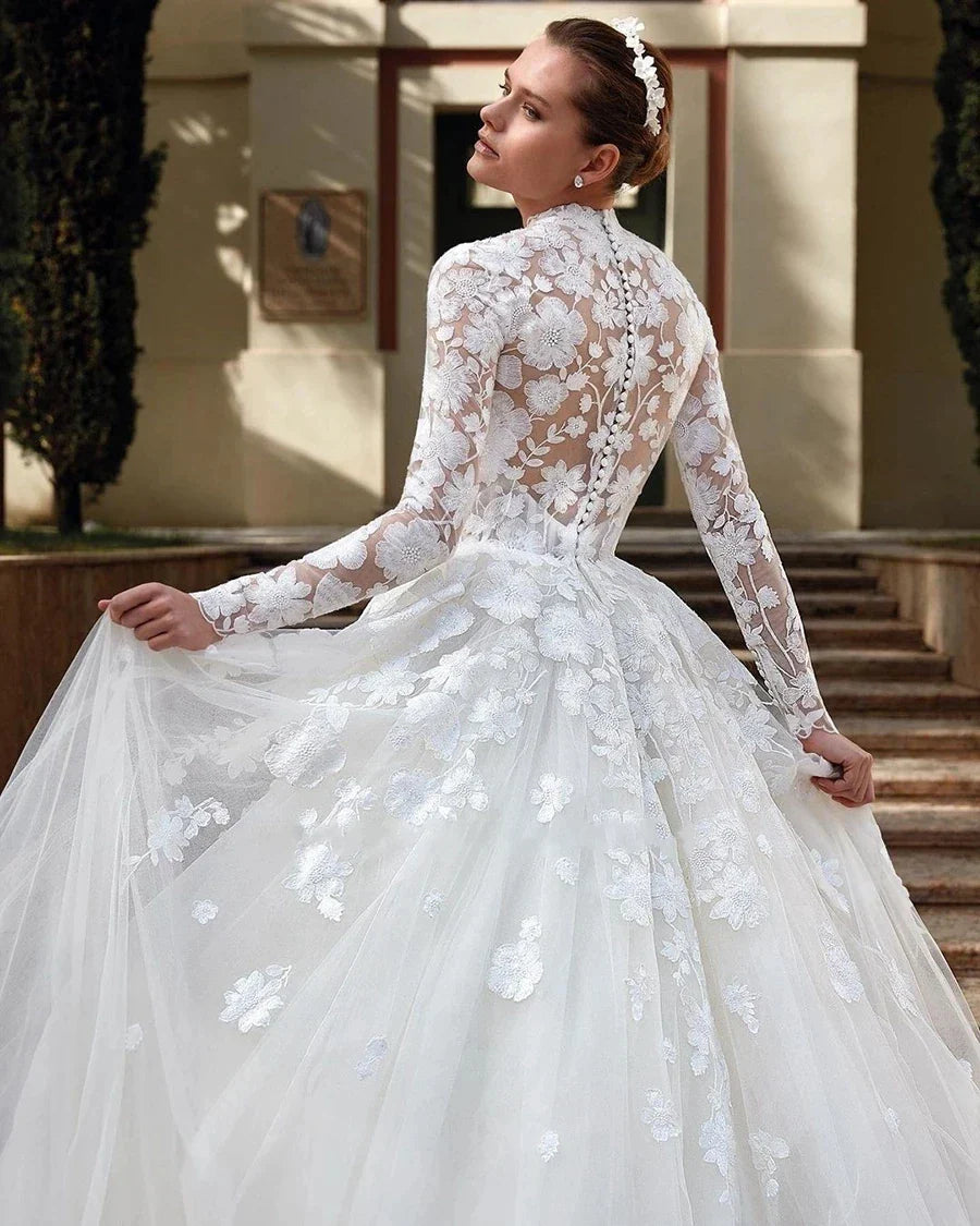 Gorgeous A-Line Wedding Dresses High-Neck Long Sleeves Lace Appliques Bridal Gowns Tulle Tiered Robes Vestidos De Novia 14W