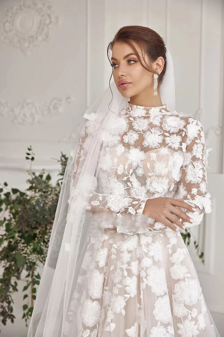 Exquisite Wedding Dresses Elegant Bridal Gowns Lace Appliques High Neck Long Sleeves Robes For Bride A-Line Vestidos De Novia