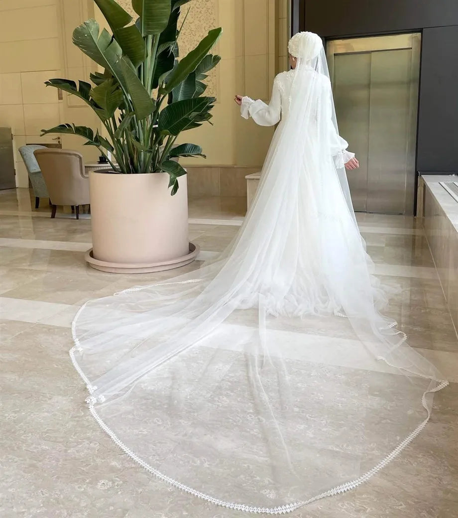 Muslim Wedding Gown for Bride Lace A-Line Arabic Dubai Long Sleeves Hijab Islamic Wedding Dress Veil Robe De Mariage WHITE