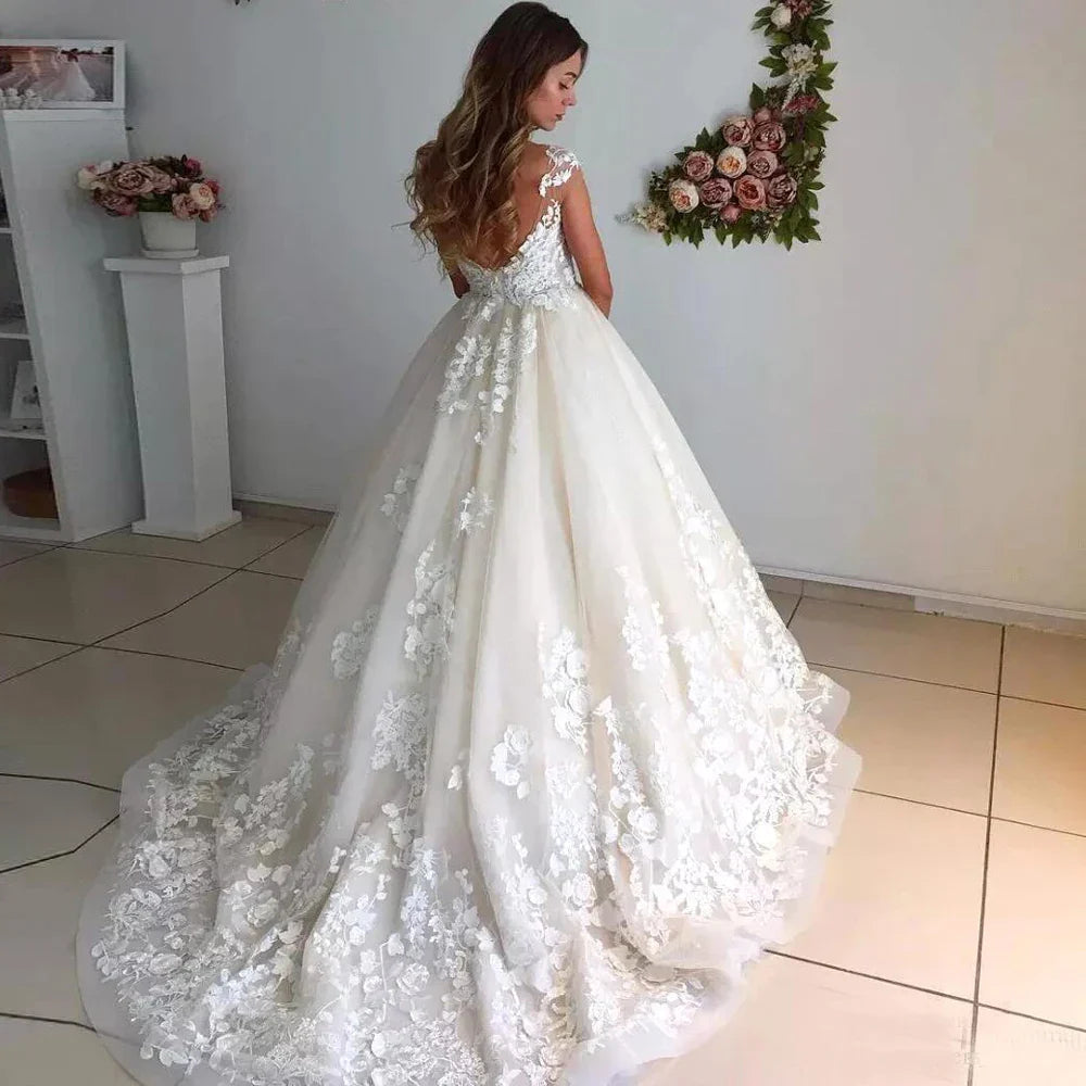 O Neck Ball Gown Wedding Dresses For Women Lace Bodice Sleeveless Court Train Bridal Dresses Vestido De Novia Robe 50Cm