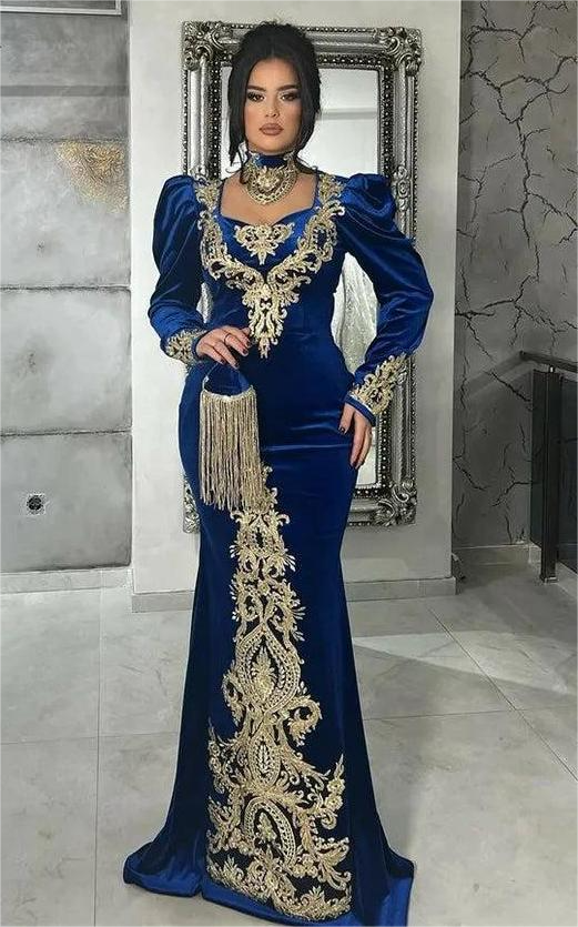 Velour Lace Moroccan caftan Formal Evening Dress Purple Long Sleeve High Neck Velvet Women Prom Party Gowns