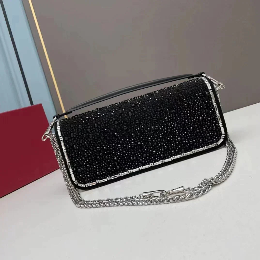 Designer's trendy luxury crystal diamond metal high-tech multi-functional shoulder slung handbag Black